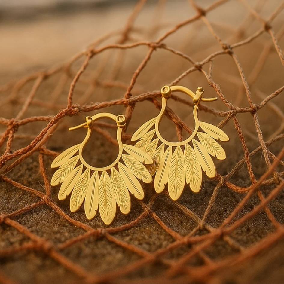 Golden Feather Drop Earrings