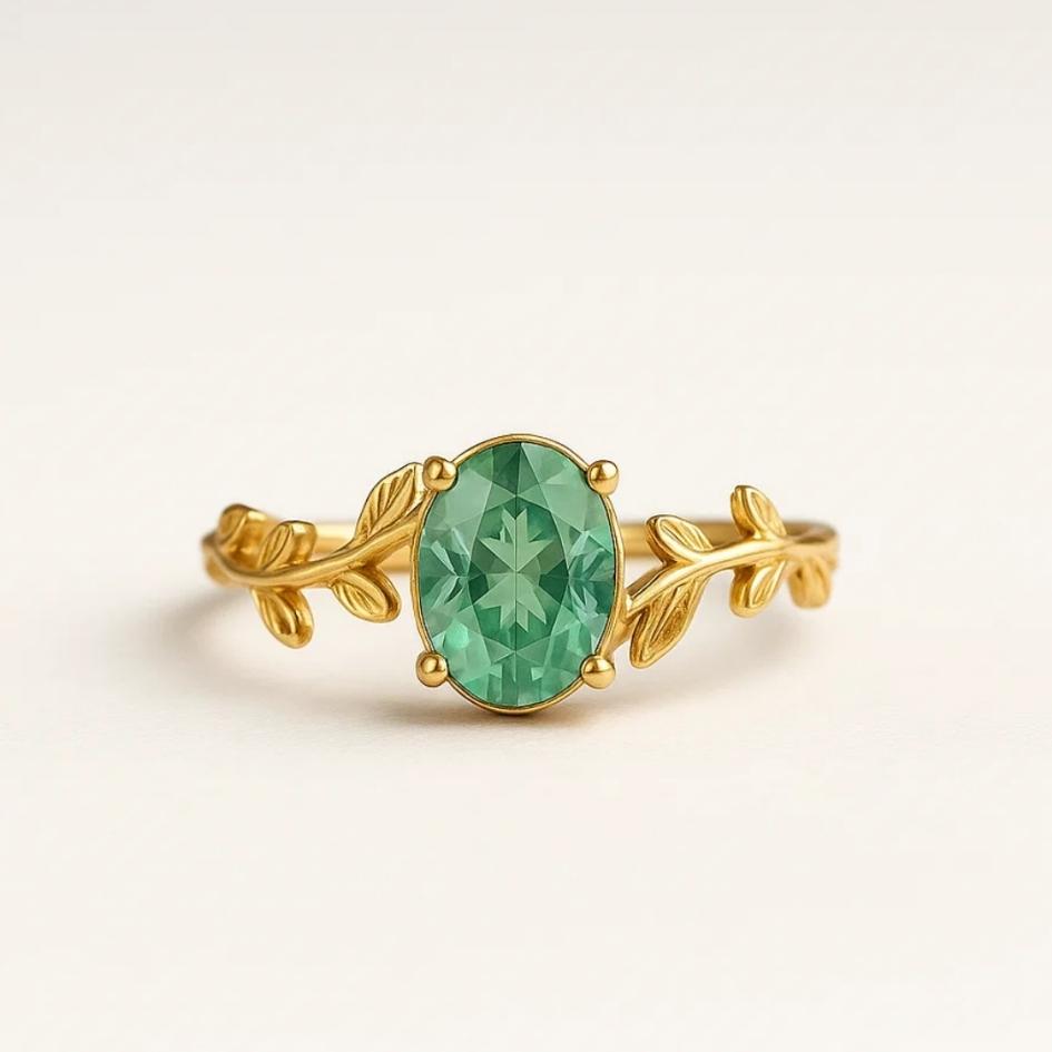 Golden Green Agate Leaf Ring