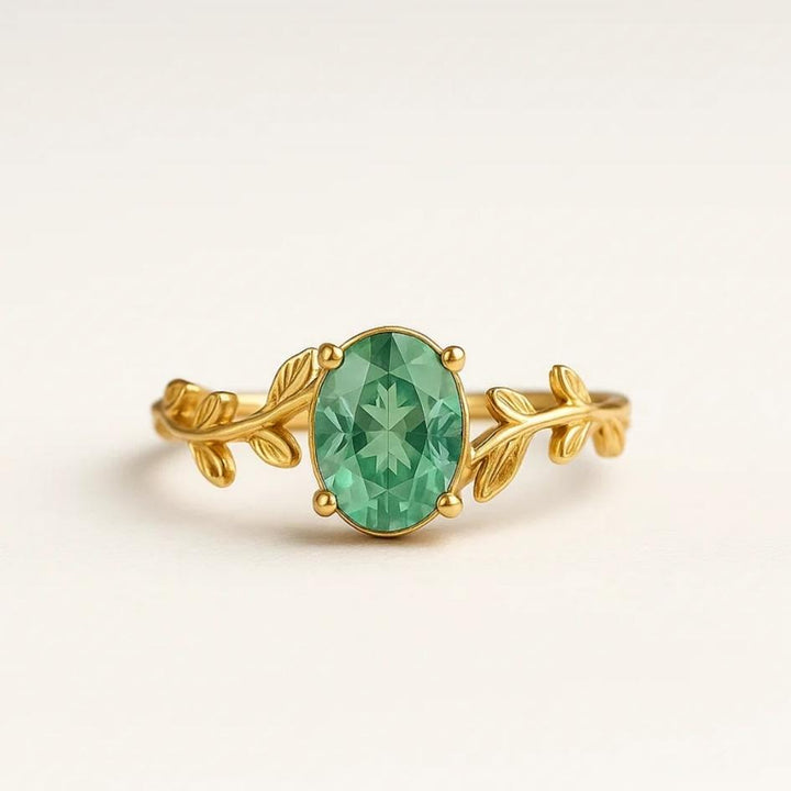 Golden Green Agate Leaf Ring