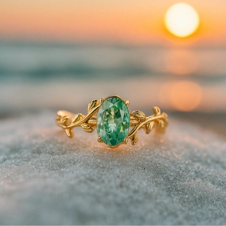 Golden Green Agate Leaf Ring