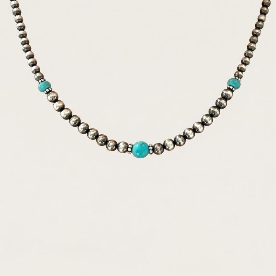 Silvered Sphere Turquoise Drop Necklace