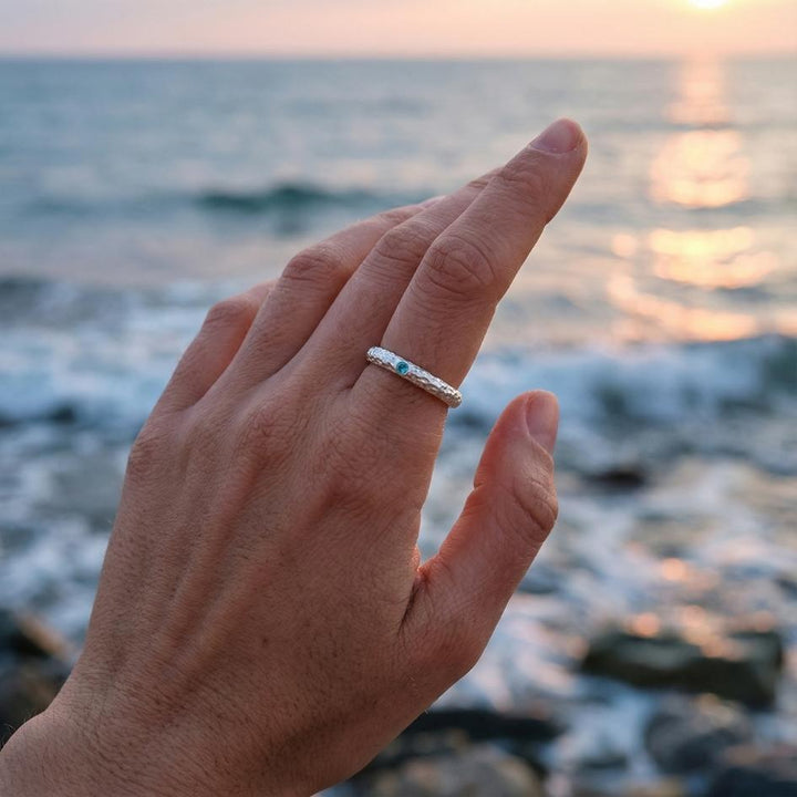 Silver Hammered Aquamarine Ring