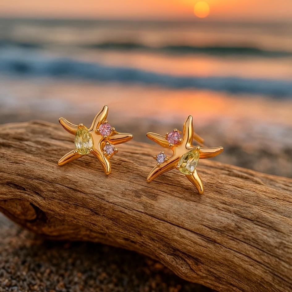Gold-Tone Starfish Gemstone Earrings