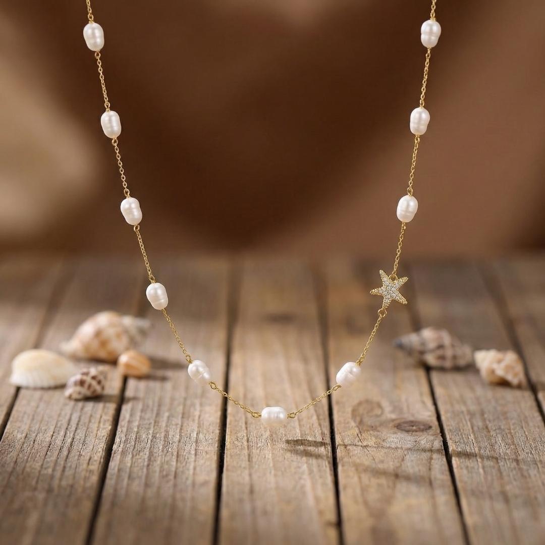 Gold Starfish Pearl Necklace