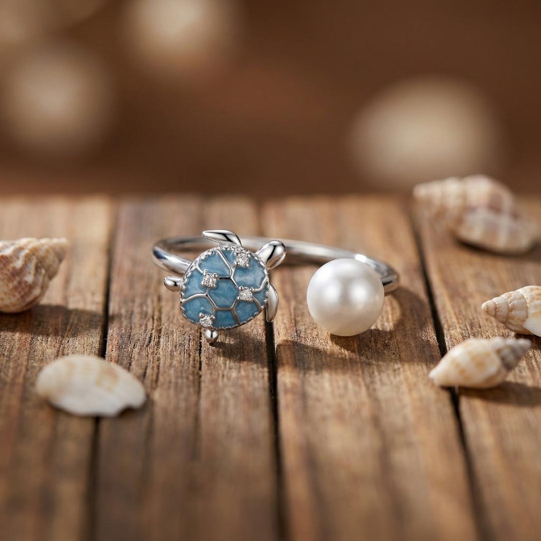 Silver Sea Turtle Pearl Ring
