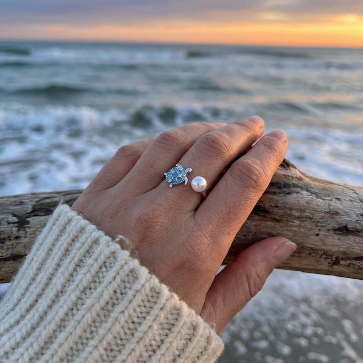 Silver Sea Turtle Pearl Ring
