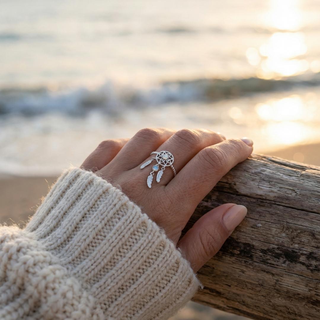 Silver Opalescent Dreamcatcher Ring