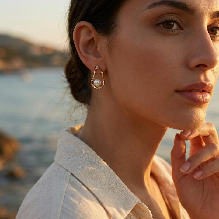 Gold Tidal Pearl Drop Earrings