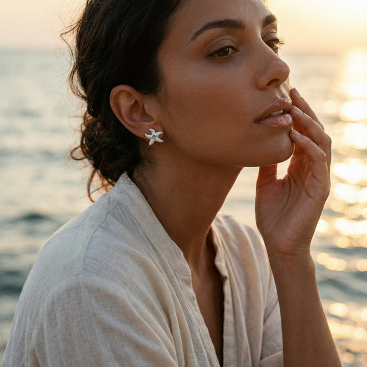 Silver Starfish Water Drop Earrings