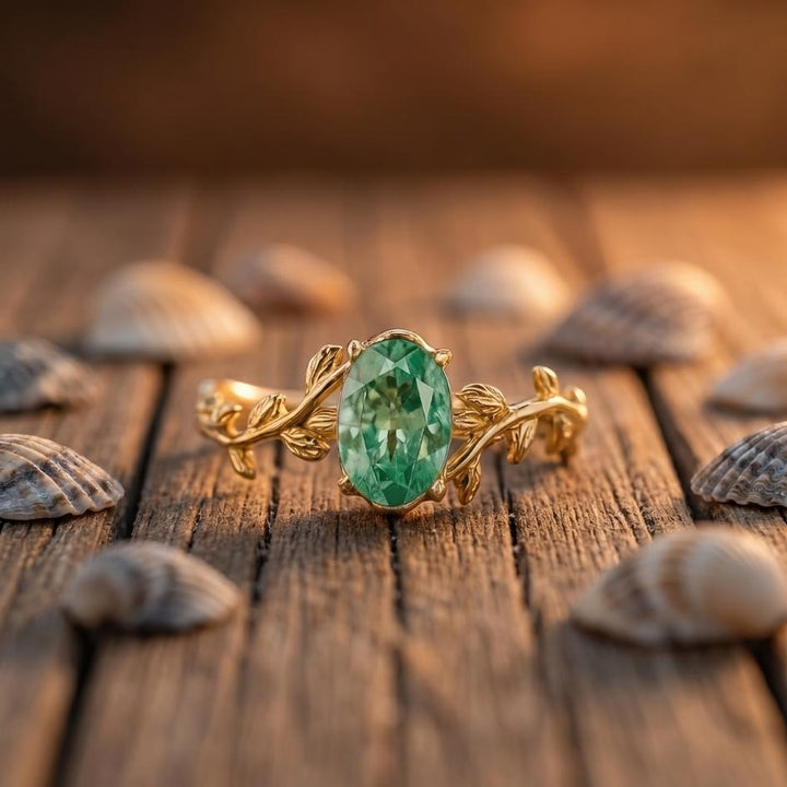 Golden Green Agate Leaf Ring