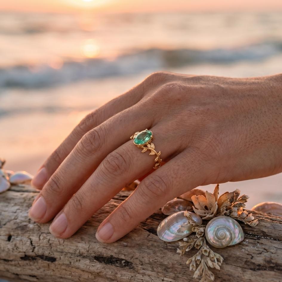 Golden Green Agate Leaf Ring