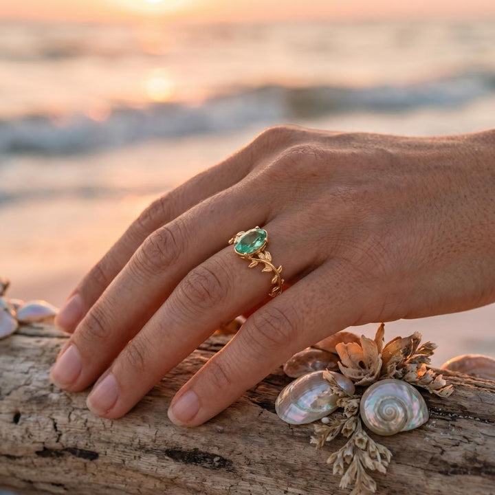 Golden Green Agate Leaf Ring