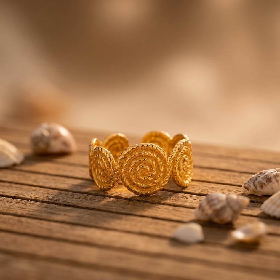 Golden Tidal Spiral Ring