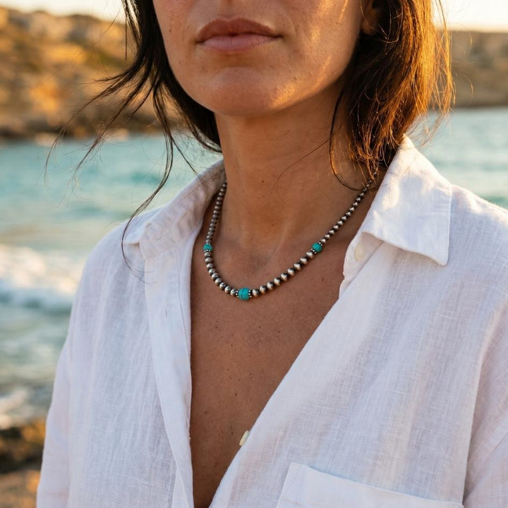 Silvered Sphere Turquoise Drop Necklace