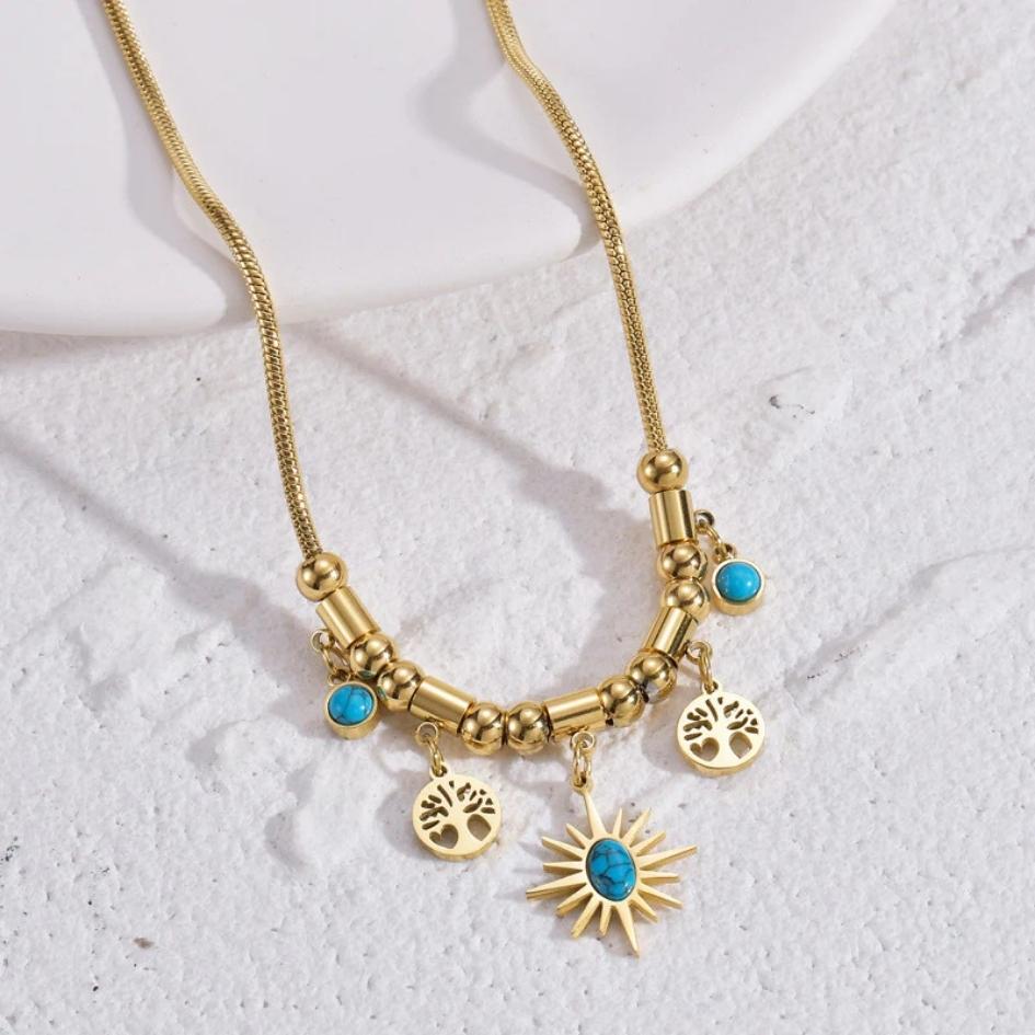 Stainless Steel Turquoise Ray Necklace