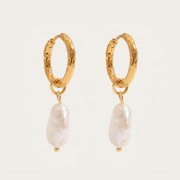 Gold Hammered Pearl Drop Earrings