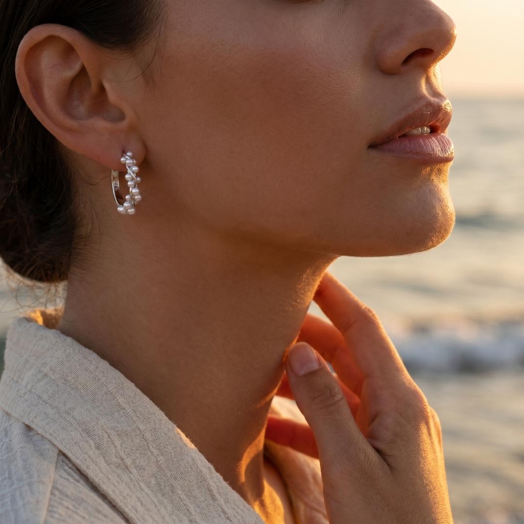 Silver Froth Pearl Hoop Earrings