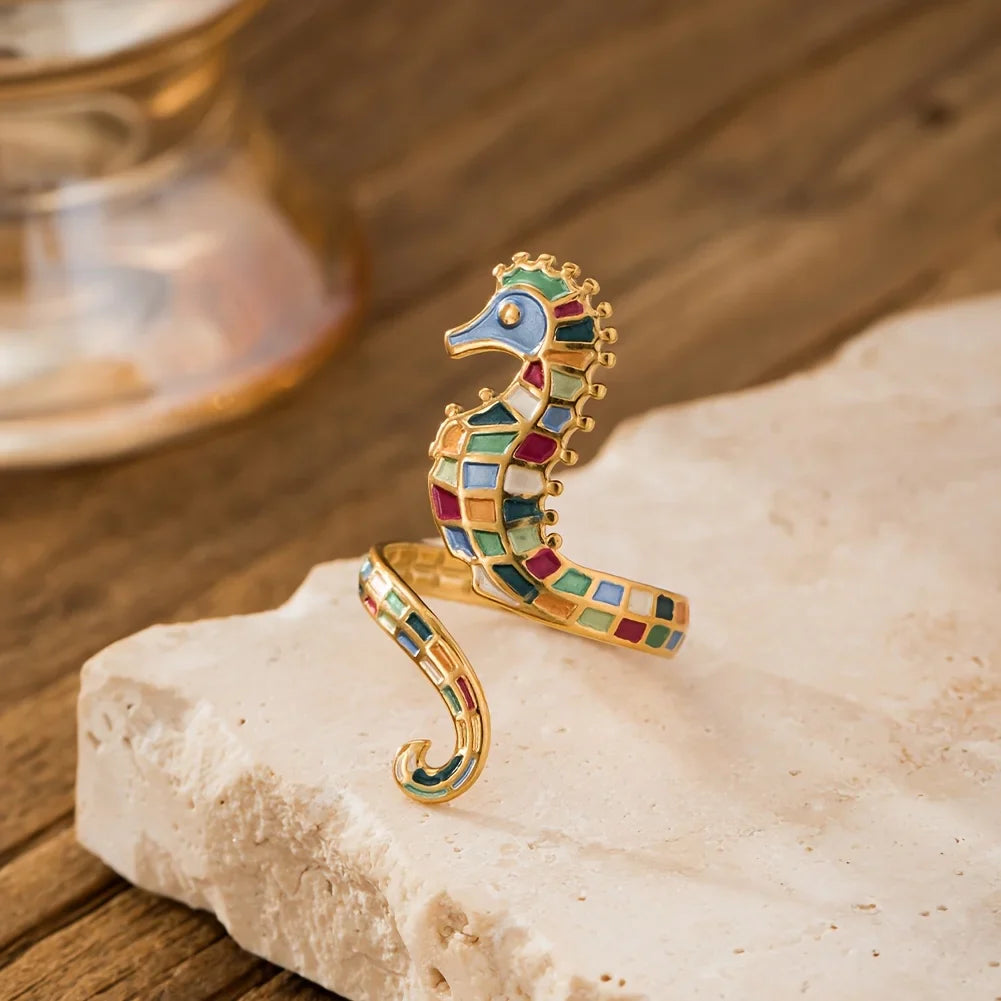 Stainless Steel Starfish Seahorse Ring