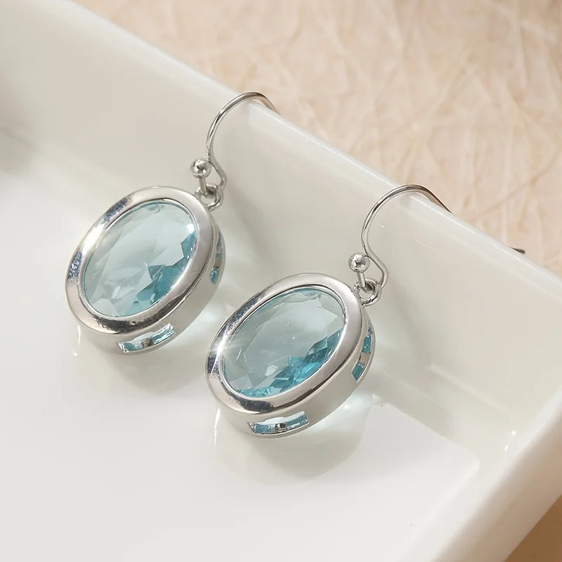 Silver Oval Sea Blue Dangle Earrings