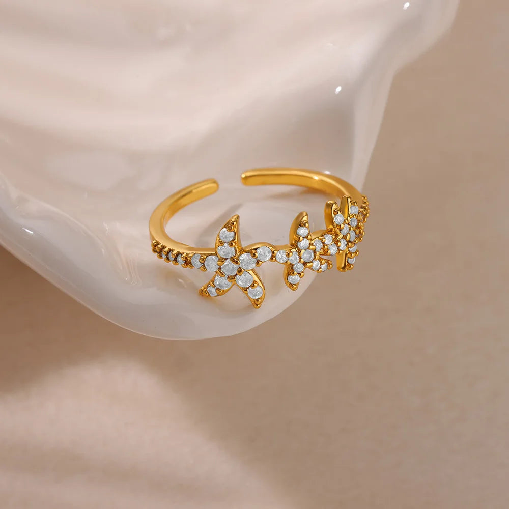 Gold Starfish & Shell Open Ring