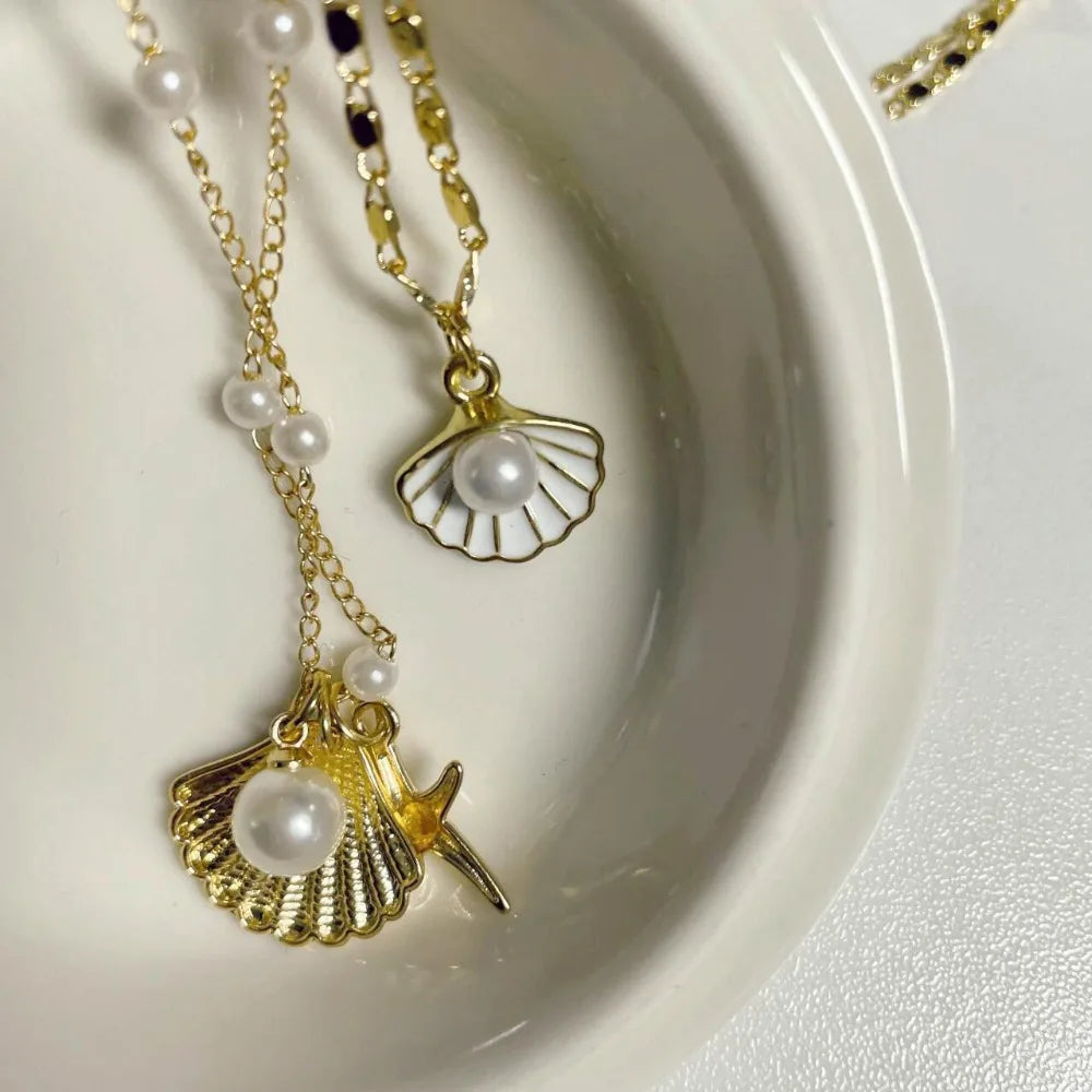 Gold Multi-Layer Shell Starfish Necklace