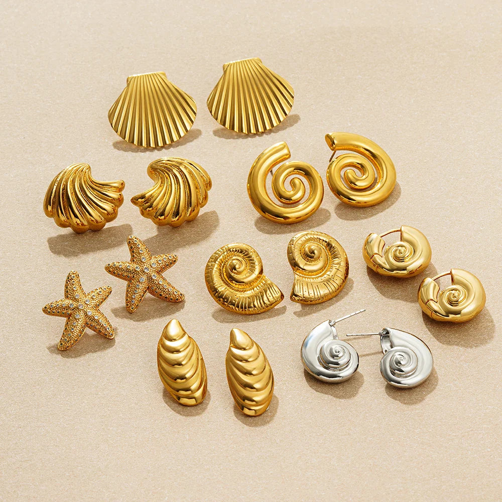 Gold Plated Textured Shell Starfish Earrings