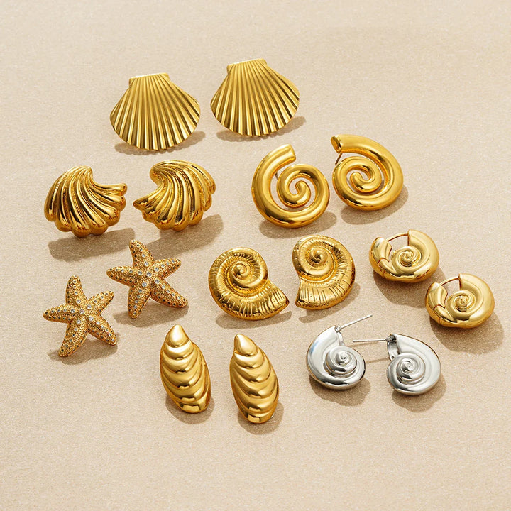 Gold Plated Textured Shell Starfish Earrings