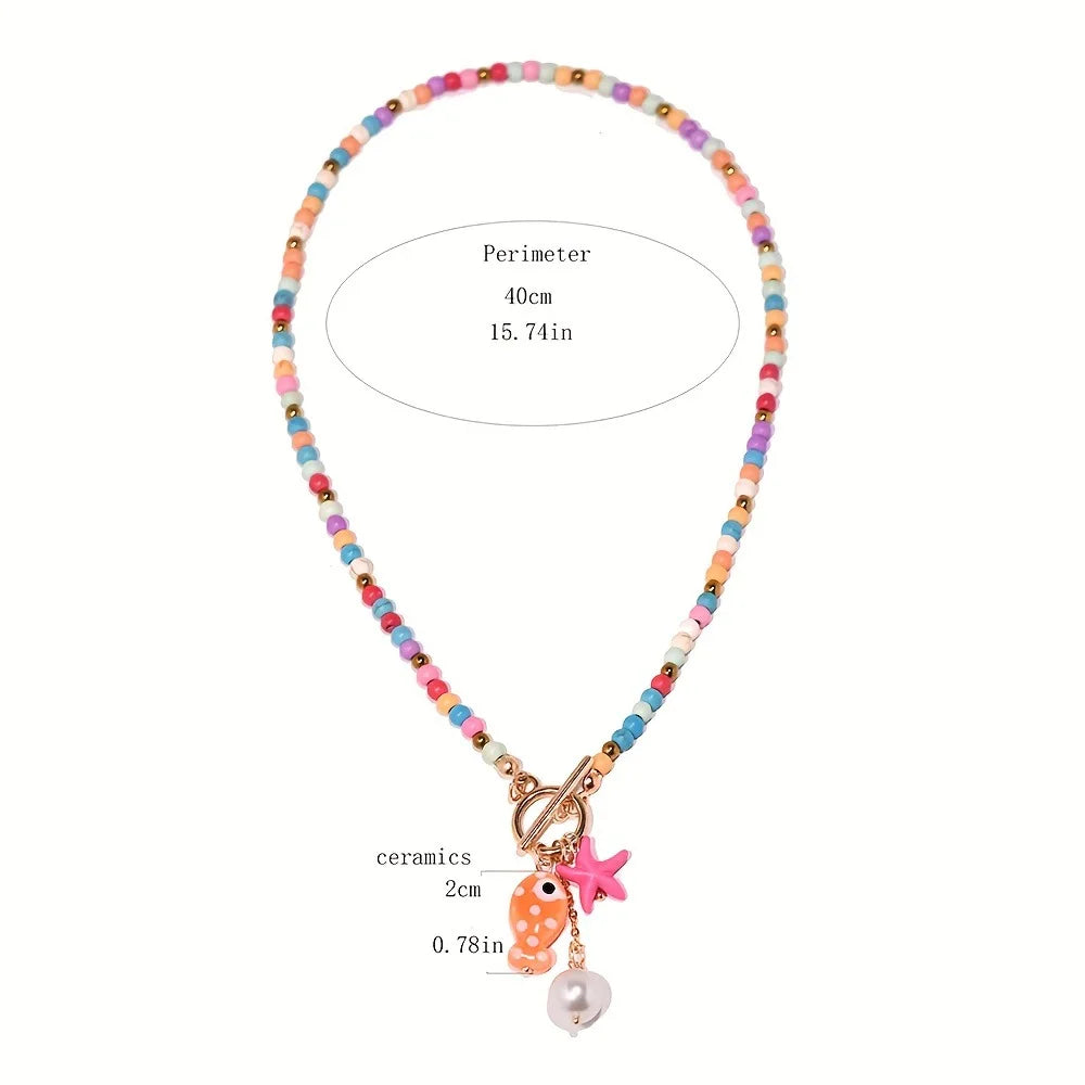 Rainbow Bead Sea Charm Necklace