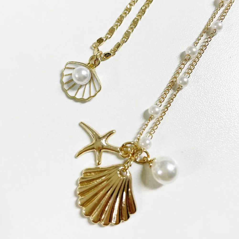 Gold Multi-Layer Shell Starfish Necklace