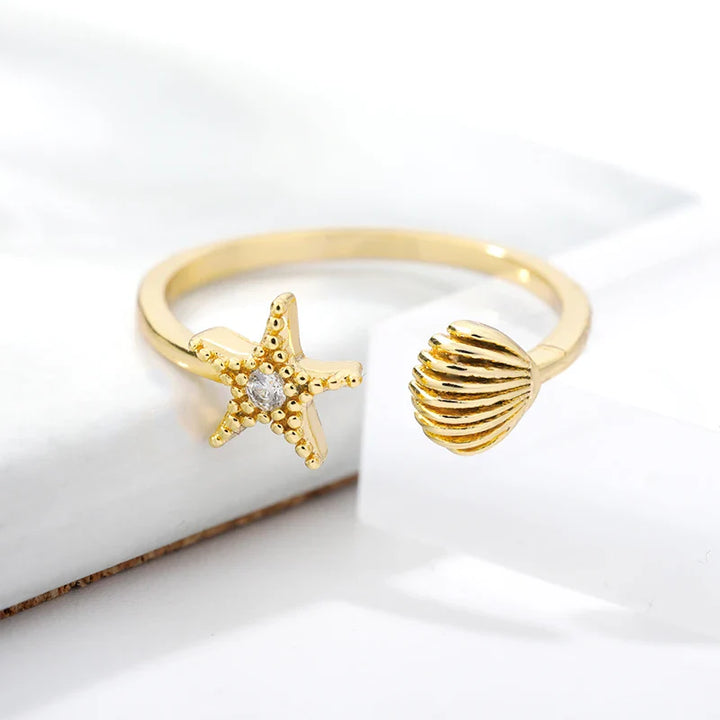 Gold Starfish & Shell Open Ring