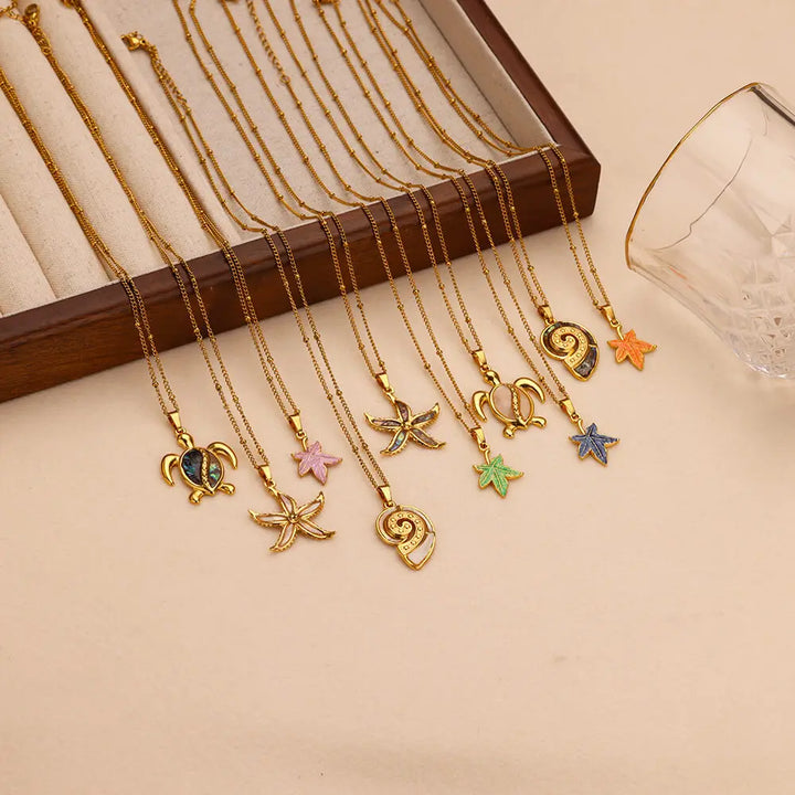 Gold Stainless Steel Starfish Sea Turtle Necklace