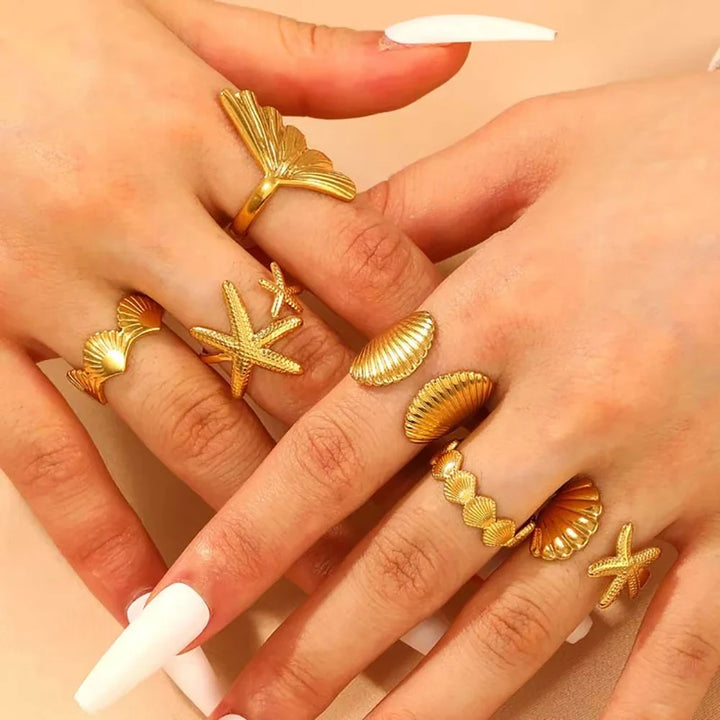 Gold Starfish & Shell Open Ring
