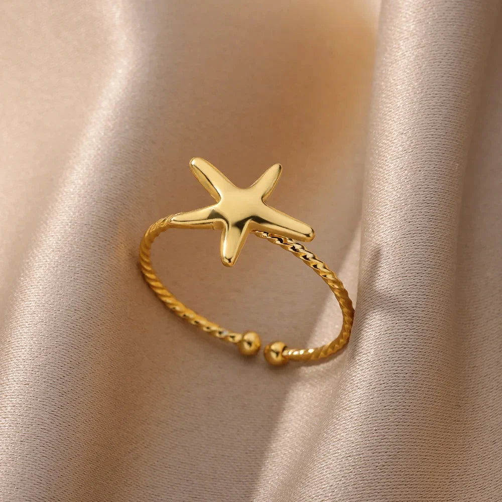 Gold Starfish & Shell Open Ring