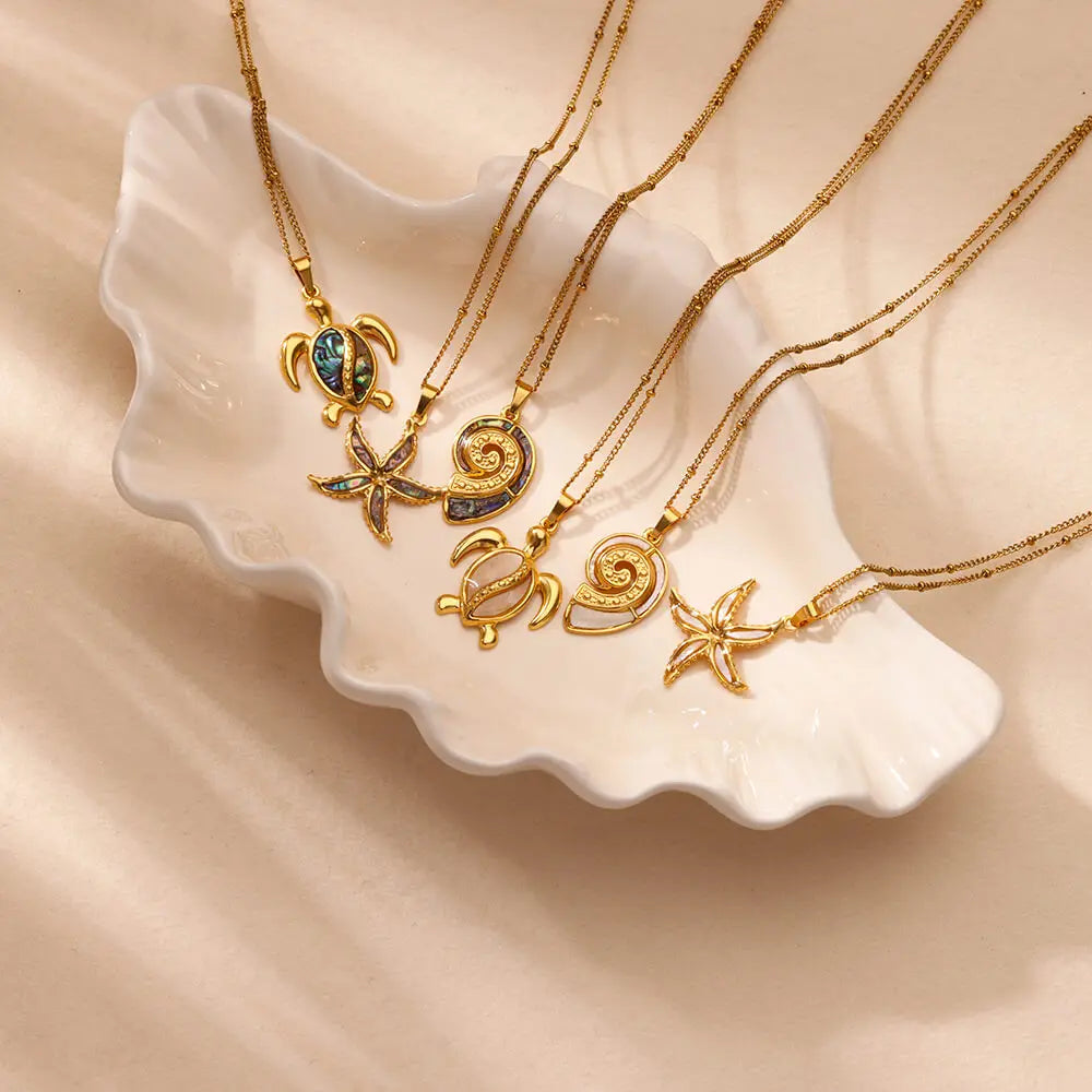 Gold Stainless Steel Starfish Sea Turtle Necklace