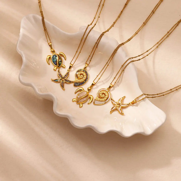 Gold Stainless Steel Starfish Sea Turtle Necklace