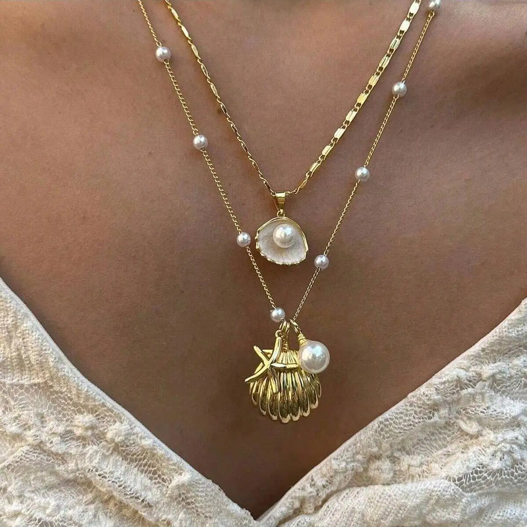 Gold Multi-Layer Shell Starfish Necklace