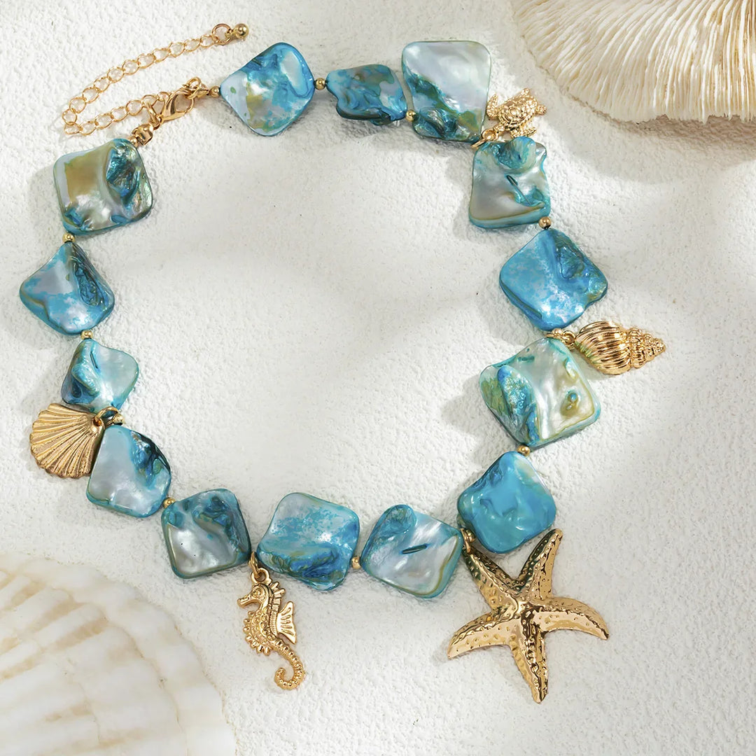 Woven Blue Stone Ocean Charms Necklace