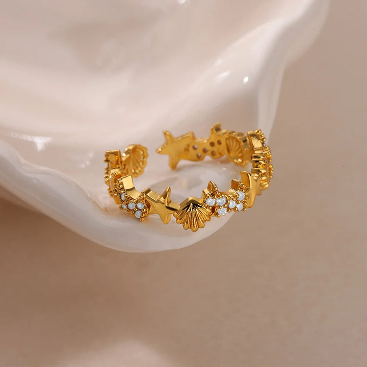 Gold Starfish & Shell Open Ring