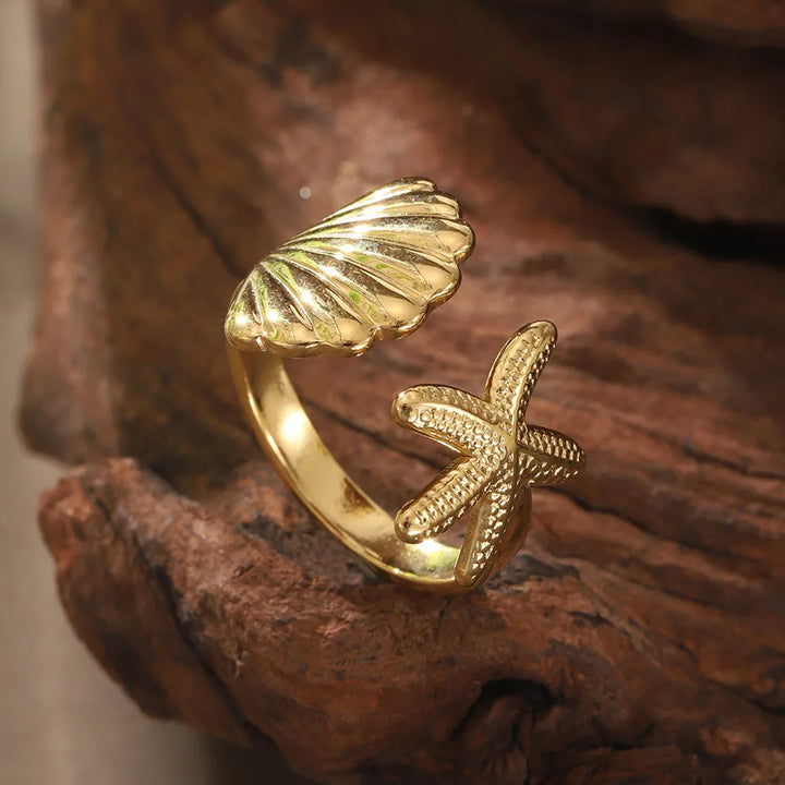Stainless Steel Starfish Seahorse Ring