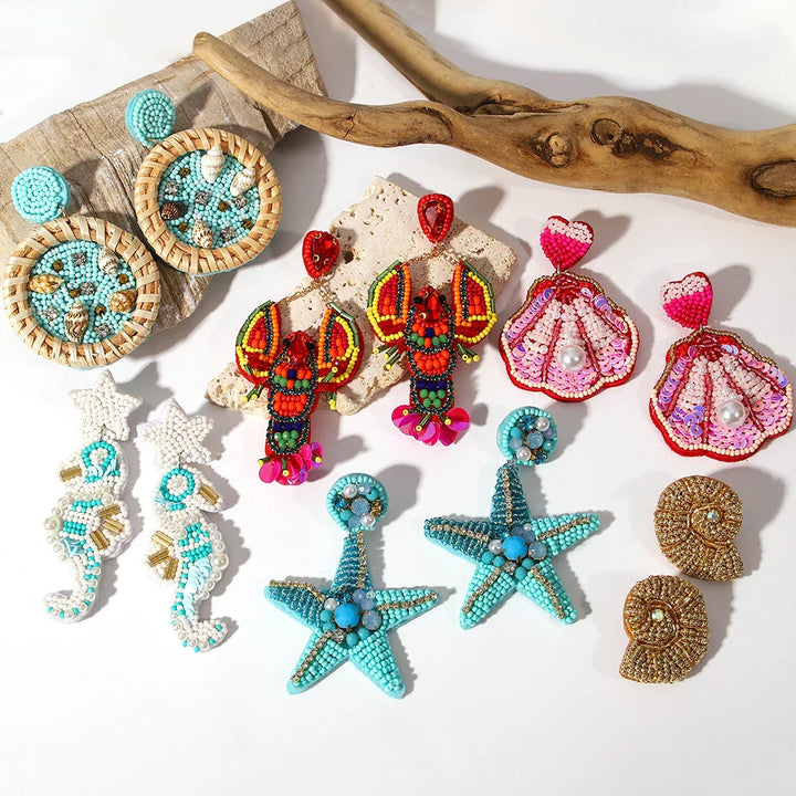 Starfish Conch Seed Bead Drop Earrings