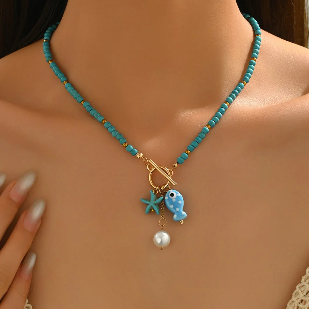 Rainbow Bead Sea Charm Necklace