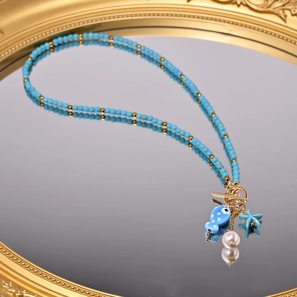 Rainbow Bead Sea Charm Necklace