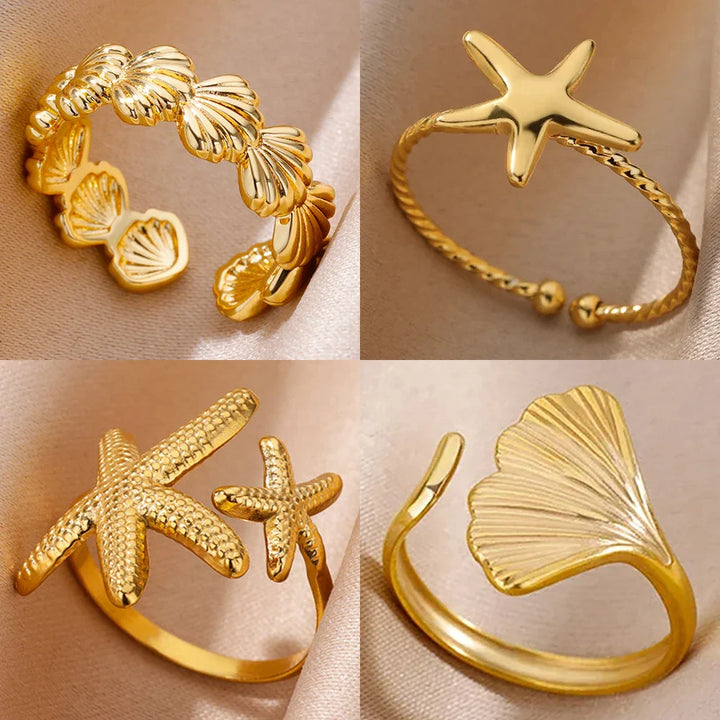 Gold Starfish & Shell Open Ring