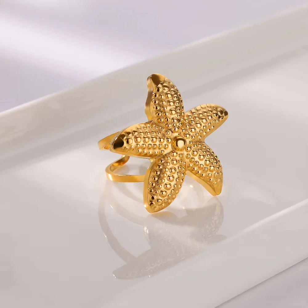 Gold Starfish & Shell Open Ring
