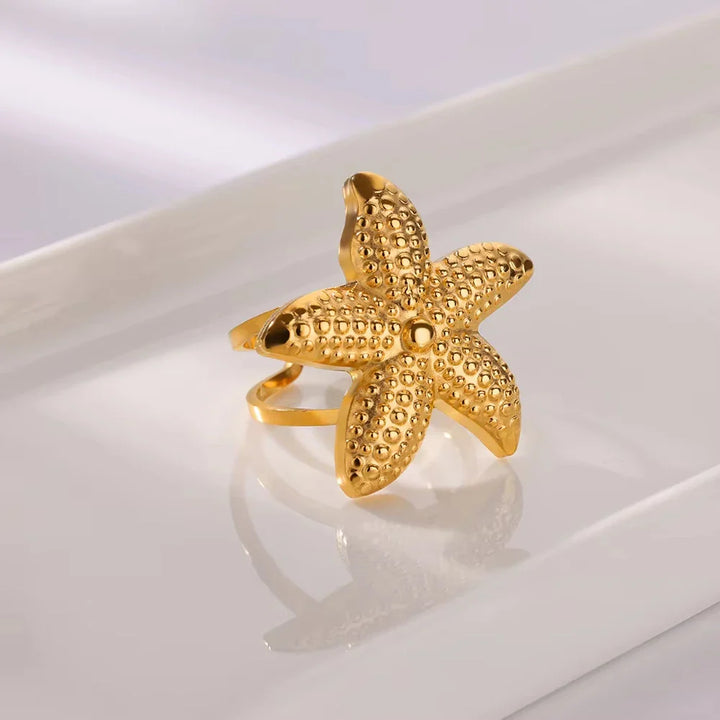 Gold Starfish & Shell Open Ring