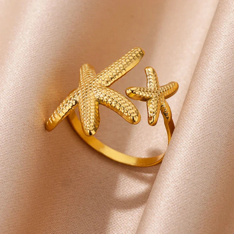 Gold Starfish & Shell Open Ring