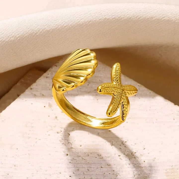 Gold Starfish & Shell Open Ring