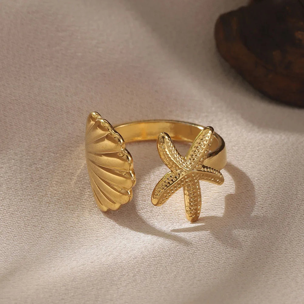 Stainless Steel Starfish Seahorse Ring