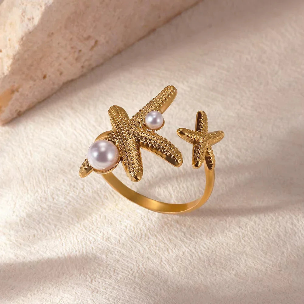 Gold Starfish & Shell Open Ring