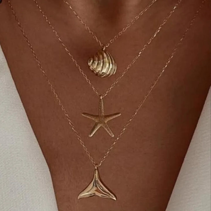 Gold Multi-Layer Shell Starfish Necklace